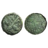 Anonymous, Rome, after 211 BC. Æ Semis (24mm, 16.31g, 3h). Laureate head of Saturn r. R/ Prow of