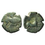 Northern Apulia, Arpi, c. 275-250 BC. Æ (18mm, 5.80g, 12h). Poullos, magistrate. Bull charging r. R/