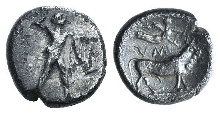 Southern Lucania, Sybaris, c. 453-448 BC. AR Diobol (10mm, 1.23g, 3h). Poseidon standing r., holding