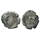 Mark Antony, Lugdunum, early 42 BC. AR Quinarius (13mm, 1.85g, 3h). Winged bust of Victory r.,