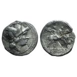 Anonymous, Rome, after 211 BC. AR Denarius (18mm, 3.51g, 9h). Head of Roma r., wearing winged helmet