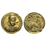 Constantius II (337-361). AV Solidus (20mm, 4.43g, 6h). Sirmium, 355-361. Helmeted, diademed and