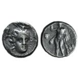 Southern Lucania, Herakleia, c. 281-278 BC. AR Diobol (11mm, 1.19g, 9h). Head of Athena three-