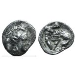 Southern Lucania, Herakleia, c. 420/15-390 BC. AR Diobol (12mm, 1.09g, 4h). Head of Athena r.,