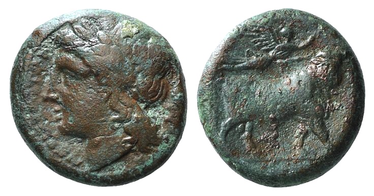 Campania, Neapolis, c. 270-250 BC. Æ (19mm, 6.19g, 12h). Laureate head of Apollo l. R/ Man-headed