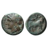 Campania, Neapolis, c. 270-250 BC. Æ (19mm, 6.19g, 12h). Laureate head of Apollo l. R/ Man-headed