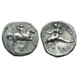 Southern Apulia, Tarentum, c. 280-272 BC. AR Nomos (20mm, 6.38g, 3h). Youth on horseback r.,