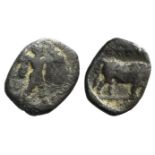 Northern Lucania, Poseidonia, c. 445-420 BC. AR Diobol (11mm, 1.08g, 5h). Poseidon walking r.,