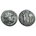 Anonymous, Rome, after 211 BC. AR Victoriatus (15mm, 2.75g, 9h). Laureate head of Jupiter r. R/