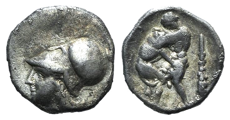 Northern Apulia, Teate, c. 325-275 BC. AR Diobol (10mm, 0.82g, 8h). Helmeted head of Athena l. R/