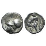 Northern Apulia, Teate, c. 325-275 BC. AR Diobol (10mm, 0.82g, 8h). Helmeted head of Athena l. R/