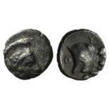 Southern Lucania, Thourioi, c. 443-400 BC. AR Obol (7mm, 0.38g, 9h). Helmeted head of Athena r. R/