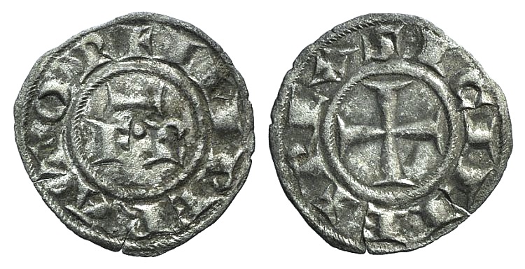 Italy, Sicily, Messina. Federico II (1197-1250). BI Denaro (17mm, 0.74g, 6h). Large FR. R/ Cross.