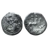 Anonymous, Rome, 211-208 BC. AR Quinarius (15mm, 1.89g, 1h). Helmeted head of Roma r. R/ Dioscuri on