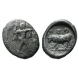 Northern Lucania, Poseidonia, c. 445-420 BC. AR Obol (7mm, 0.30g, 12h). Poseidon standing r. R/ Bull