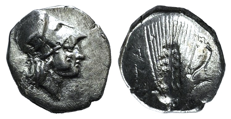 Southern Lucania, Metapontion, c. 325-275 BC. AR Diobol (12mm, 1.09g, 3h). Helmeted head of Athena