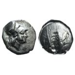 Southern Lucania, Metapontion, c. 325-275 BC. AR Diobol (12mm, 1.09g, 3h). Helmeted head of Athena