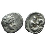 Southern Apulia, Tarentum, c. 325-280 BC. AR Diobol (11mm, 1.16g, 9h). Helmeted head of Athena r. R/