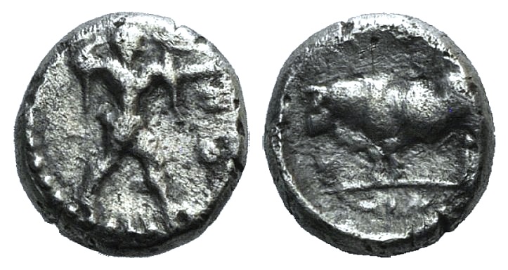 Northern Lucania, Poseidonia, c. 410-350 BC. AR Dibol (9mm, 0.29g, 9h). Poseidon wielding trident r.