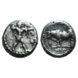 Northern Lucania, Poseidonia, c. 410-350 BC. AR Dibol (9mm, 0.29g, 9h). Poseidon wielding trident r.