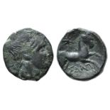 Northern Apulia, Salapia, c. 225-210 BC. Æ (19mm, 6.91g, 7h). Laureate head of Apollo r. R/ Horse