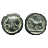 Celtic, Northeast Gaul. Senones, c. 100-50 BC. Potin (15mm, 2.51g, 9h). Helmeted head l. R/ Horse