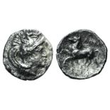 Northern Apulia, Arpi, c. 325-275 BC. AR Diobol (12mm, 0.84g, 9h). Head of Athena r., wearing