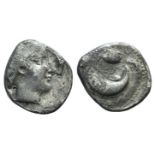 Campania, Cumae, c. 420-385 BC. AR Didrachm (22mm, 6.47g, 3h). Head of female r. R/ Mussel shell;