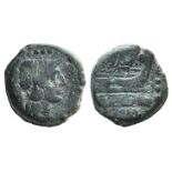 Atilius Saranus, Rome, 155 BC. Æ Triens (20mm, 7.47g, 6h). Helmeted head of Minerva r. R/ Prow r.;