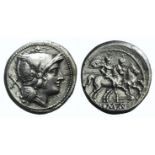 Anchor series, Rome, 209-208 BC. AR Denarius (18mm, 4.39g, 6h). Helmeted head of Roma r. R/ The