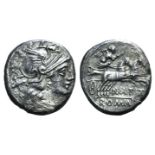 Pinarius Natta, Rome, 149 BC. AR Denarius (17mm, 3.61g, 12h). Helmeted head of Roma r. R/ Victory in