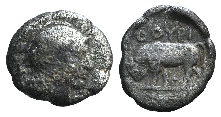 Southern Lucania, Thourioi, c. 443-400 BC. AR Triobol (11mm, 1.09g, 9h). Head of Athena r.,