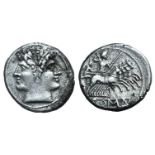 Anonymous, Rome, c. 225-212 BC. AR Quadrigatus (21mm, 6.49g, 5h). Laureate head of Janus. R/