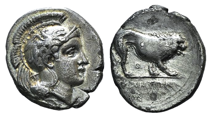 Northern Lucania, Velia, c. 340-334 BC. AR Stater (22mm, 7.55g, 6h). Theta Group. Head of Athena r.,