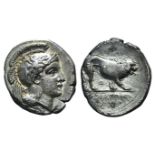 Northern Lucania, Velia, c. 340-334 BC. AR Stater (22mm, 7.55g, 6h). Theta Group. Head of Athena r.,