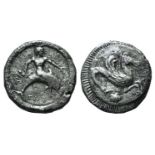 Southern Apulia, Tarentum, c. 500-480 BC. AR Nomos (19mm, 7.87g, 8h). Taras riding dolphin r.,