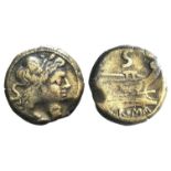 Anonymous, Rome, after 211 BC. Æ Semis (24mm, 12.67g, 11h). Laureate head of Saturn r. R/ Prow of