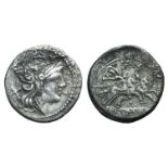 Anonymous, Rome, after 211 BC. AR Denarius (19mm, 4.22g, 9h). Head of Roma r., wearing winged helmet