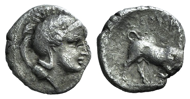 Southern Lucania, Thourioi, c. 443-400 BC. AR Triobol (11mm, 0.82g, 6h). Head of Athena r.,