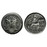 Anonymous, Rome, c. 225-212 BC. AR Quadrigatus (18mm, 5.39g, 6h). Laureate head of Janus. R/