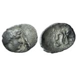 Campania, Allifae, c. 325-275 BC. AR Obol (11mm, 0.64g, 6h). Laureate head of Apollo r.; three