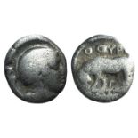 Southern Lucania, Thourioi, c. 443-400 BC. AR Triobol (11mm, 1.05g, 6h). Head of Athena r.,