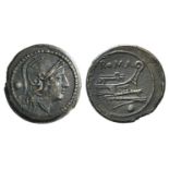 Anonymous, Rome, after 211 BC. Æ Uncia (21mm, 8.34g, 9h). Helmeted head of Roma r.. R/ Prow of