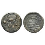 Anonymous, Rome, c. 215-212 BC. Æ Uncia (22mm, 9.05g, 3h). Helmeted head of Roma r. R/ Prow of