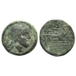 Anonymous, Rome, after 211 BC. Æ Semis (29mm, 17.17g, 5h). Laureate head of Saturn r. R/ Prow of