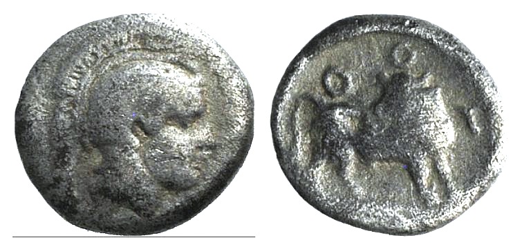 Southern Lucania, Thourioi, c. 400-375 BC. AR Diobol (8mm, 0.70g, 6h). Helmeted head of Athena r. R/