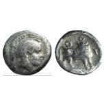 Southern Lucania, Thourioi, c. 400-375 BC. AR Diobol (8mm, 0.70g, 6h). Helmeted head of Athena r. R/