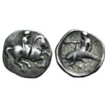 Southern Apulia, Tarentum, c. 365-355 BC. AR Nomos (20mm, 7.80g, 5h). Nude youth, holding rein in r.