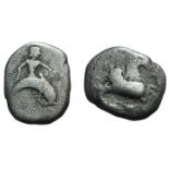 Southern Apulia, Tarentum, c. 500-480 BC. AR Nomos (18mm, 6.91g, 3h). Taras riding dolphin r.,