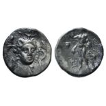 Southern Lucania, Herakleia, c. 281-278 BC. AR Diobol (13mm, 1.20g, 11h). Head of Athena three-